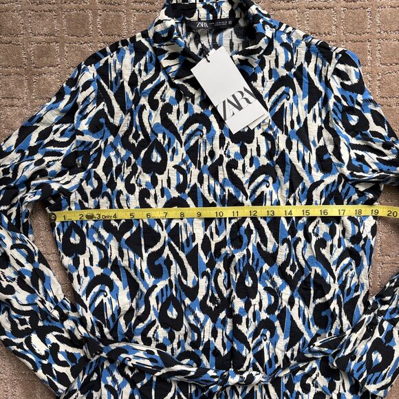 Zara Midi Shirt Dress Women M Blue Black Long Sleeve Abstract Artsy Blogger Fave - Picture 7 of 10
